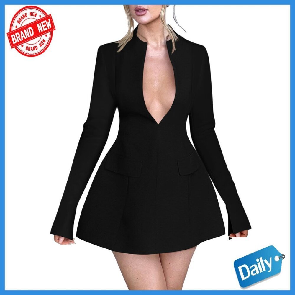 Long Sleeve Deep V-Neck A-Line Mini Dress Polyester Spandex Formal